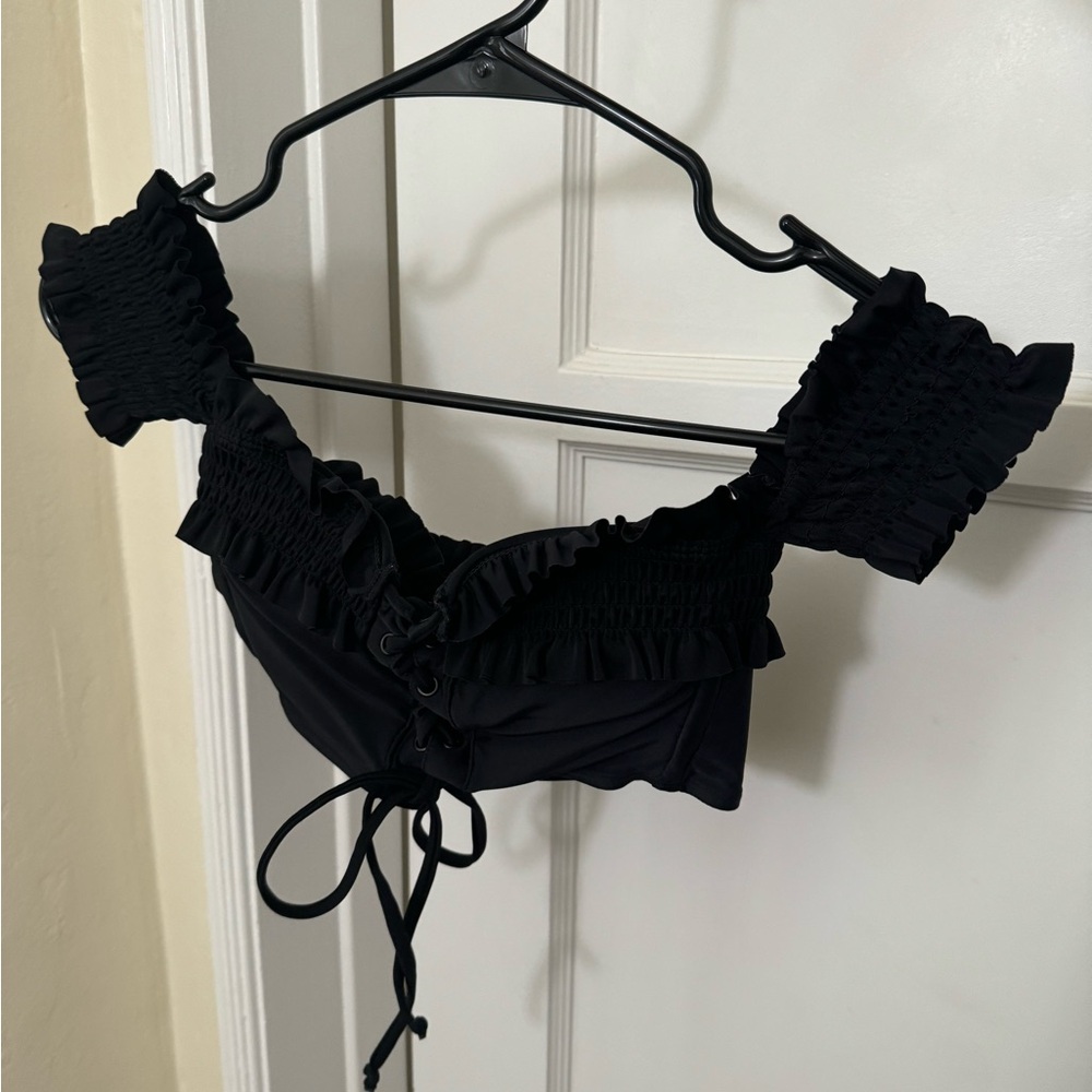 Xhilaration Black Ruffled Swim Top with Lace Detail